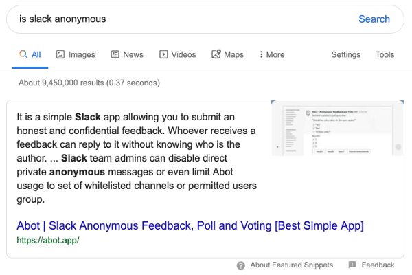 Abot Slack app displayed as Google featured snippet
