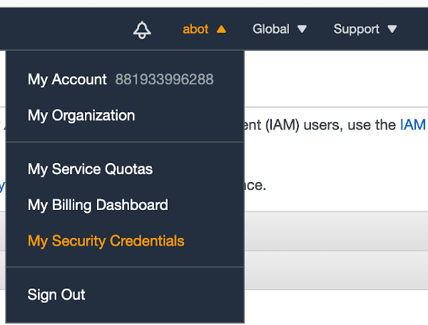 AWS security credentials menu