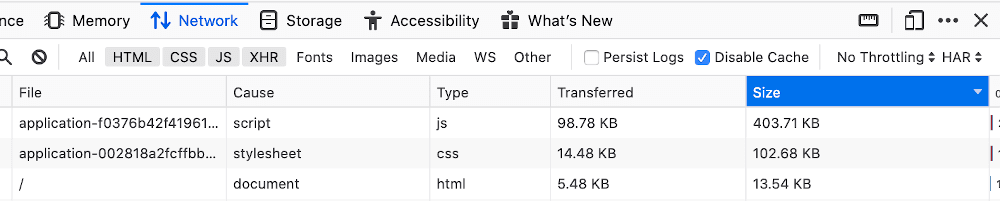 Firefox networking tab showing asset sizes