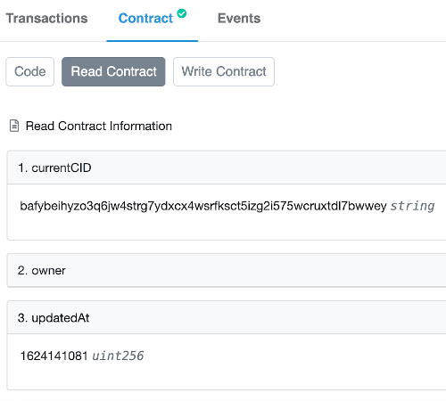 Etherscan displaying the internal state of smart contract