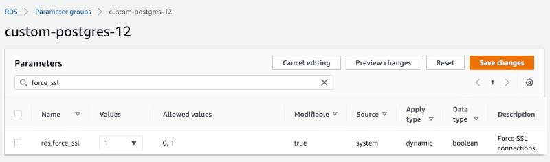 RDS force SSL config