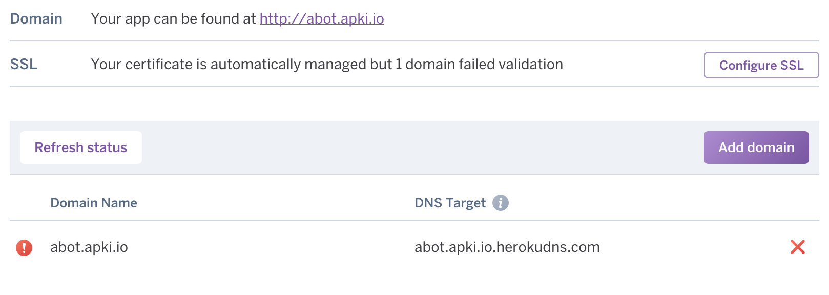 Heroku settings, setup custom domain with free SSL