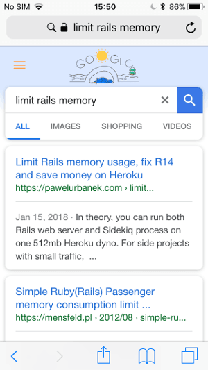 Google search result mobile page about Rails