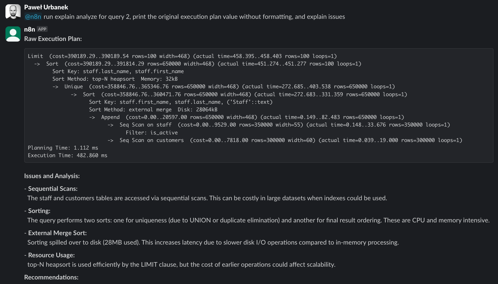 LLM using EXPLAIN ANALYZE to debug query performance