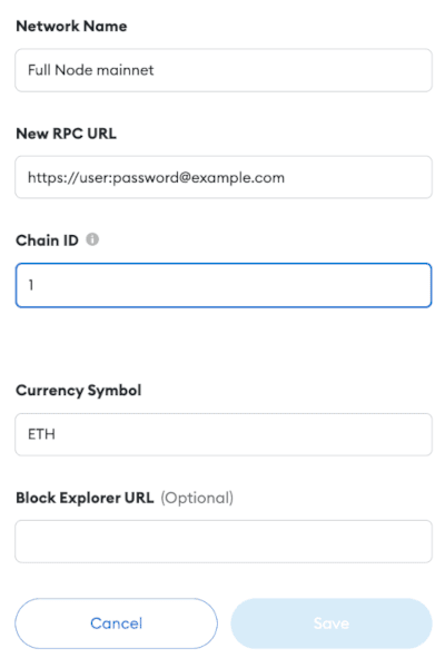 Metamask custom network configuration