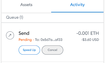 Metamask speed up or cancel transaction UI