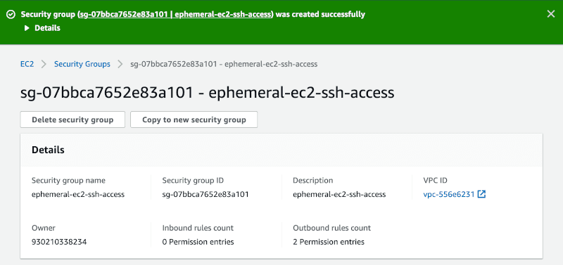 New AWS security group created