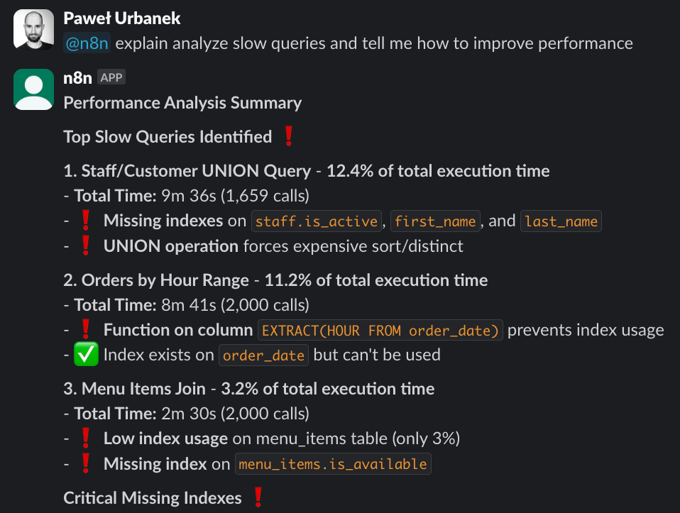 rails-pg-extras-mcp Slack n8n integration explain analyze