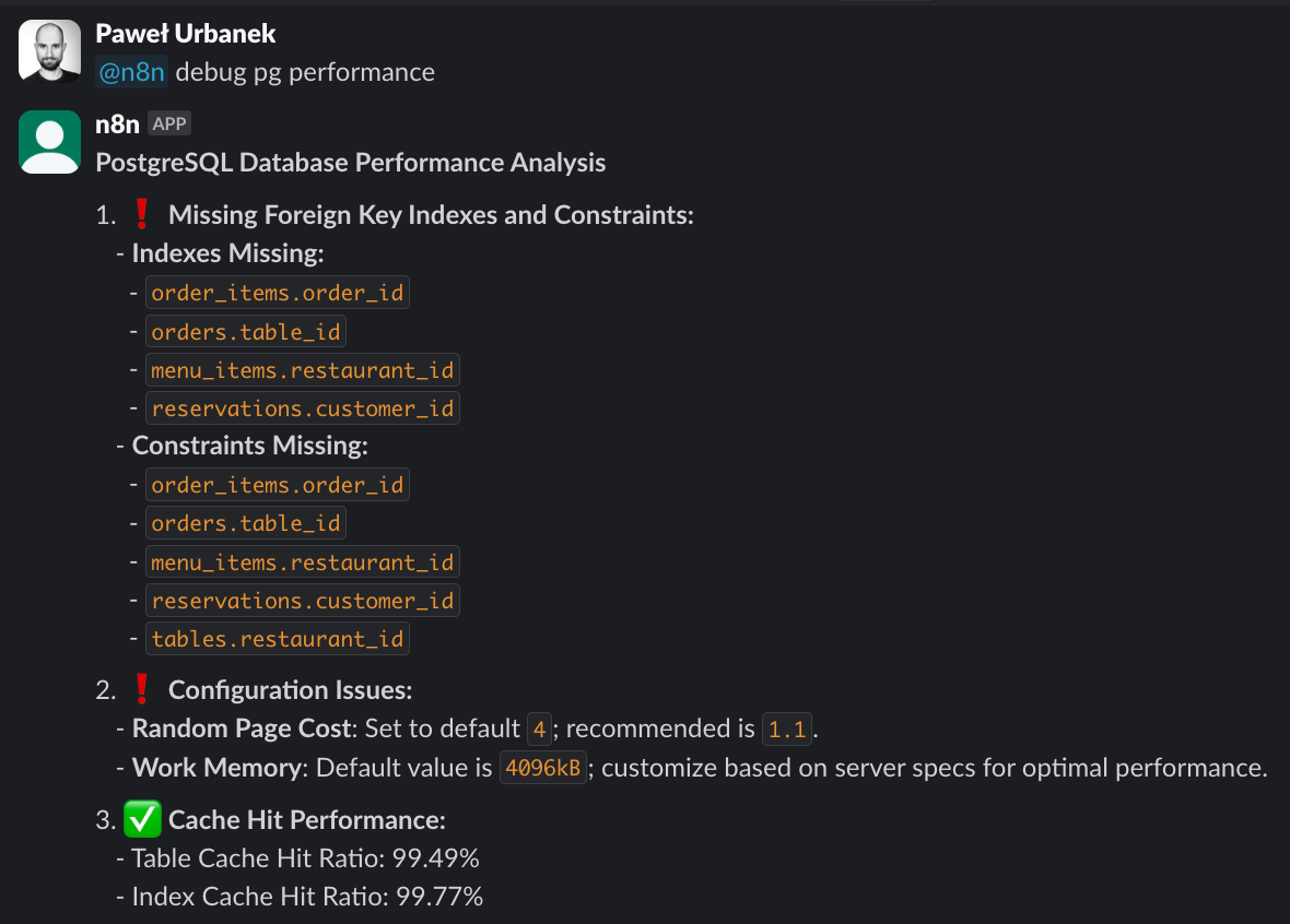 rails-pg-extras-mcp Slack n8n integration diagnose