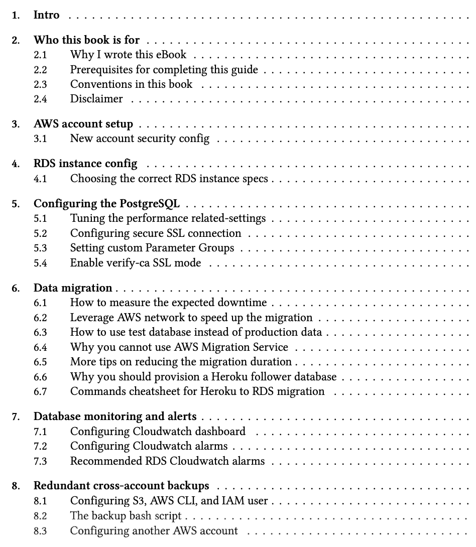Contents of RDS migration guide eBook