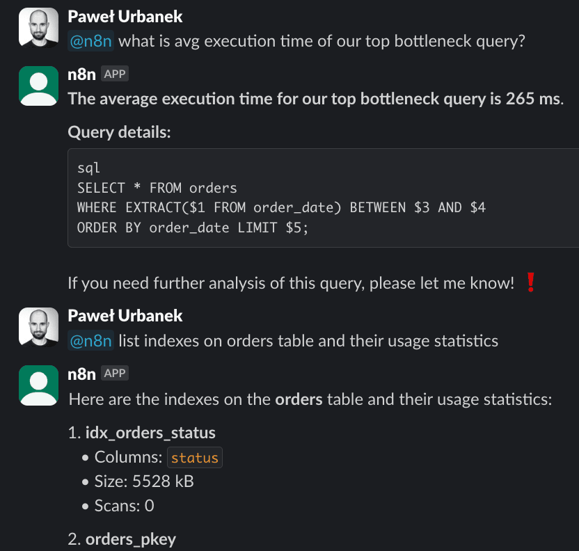 Slack bot PostgreSQL debugging discussion