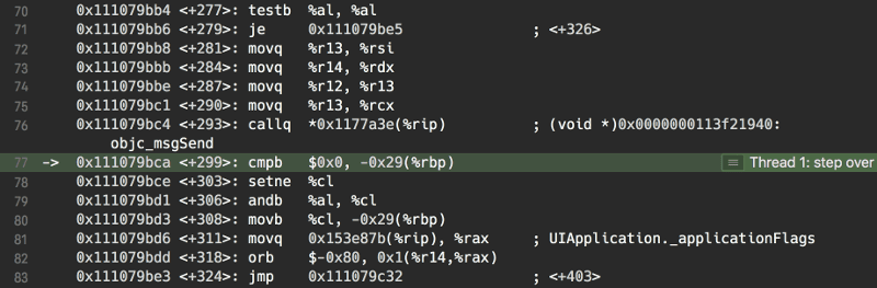 Xcode debugger in assembly code