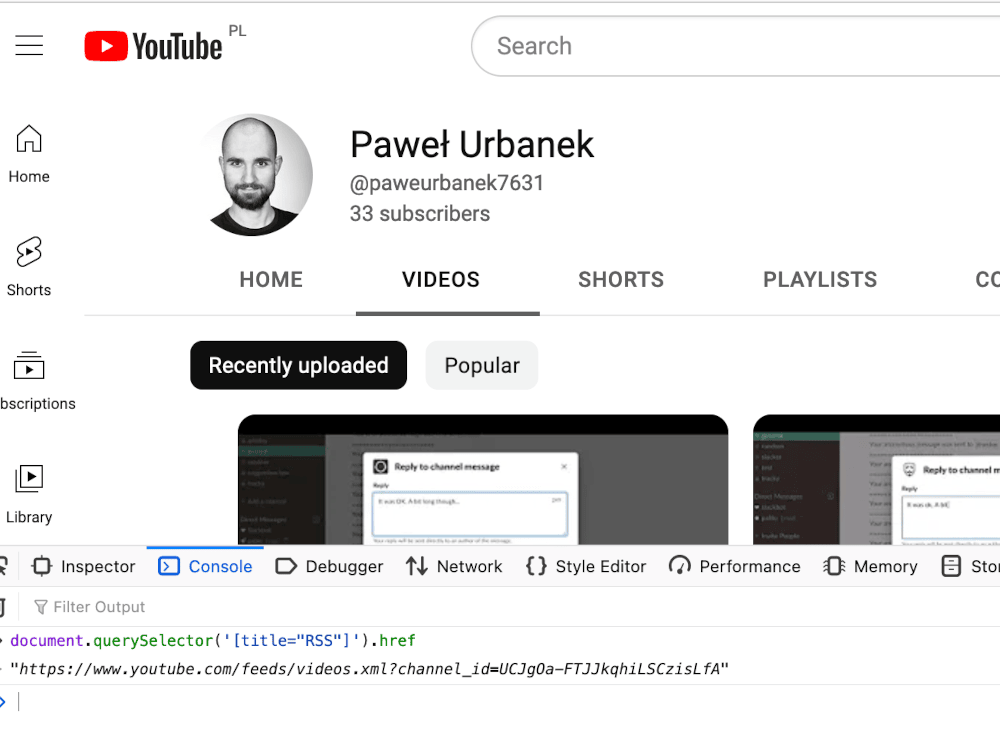 YouTube RSS feed extracted via JS